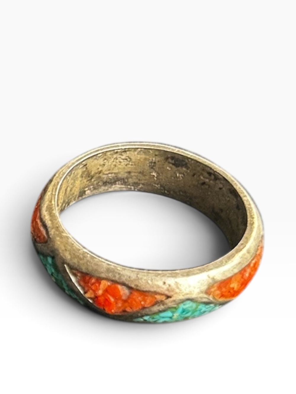 Vintage Zuni Silver Ring with Clusters of Coral and Turquoise Size 8